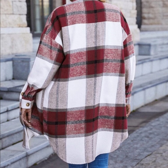 Tan white plaid button down overcoat jacket - Picture 9 of 16